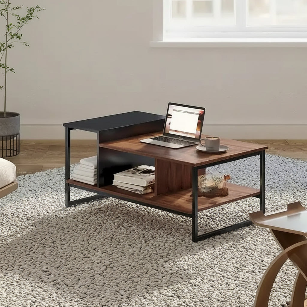 Farmhouse Glass Coffee Table with Storage, Metal Wood