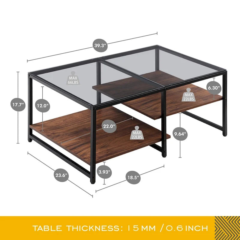 Farmhouse Glass Coffee Table with Storage, Metal Wood