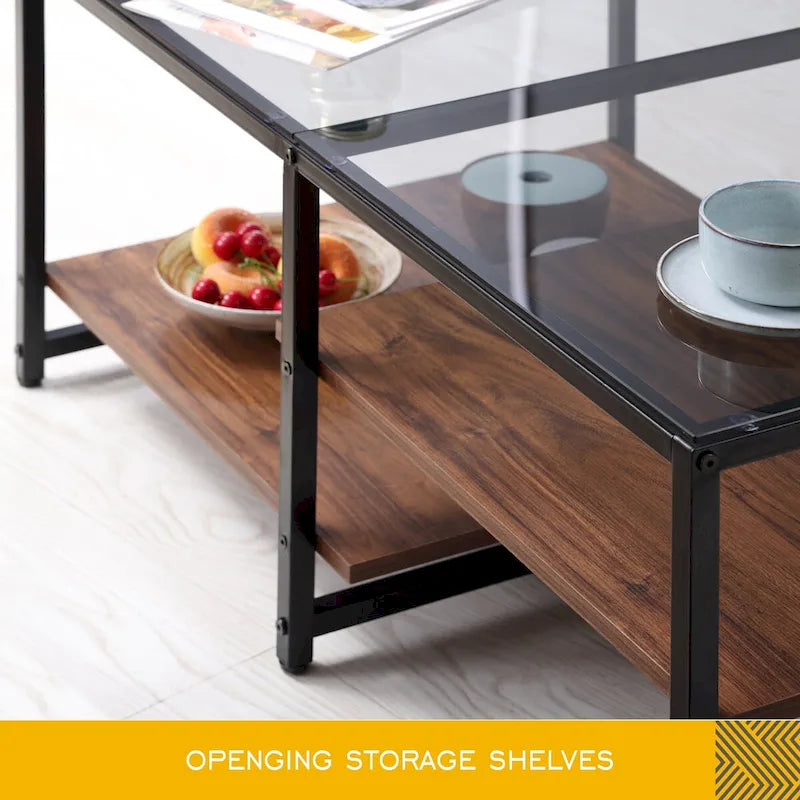 Farmhouse Glass Coffee Table with Storage, Metal Wood