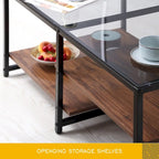 Farmhouse Glass Coffee Table with Storage, Metal Wood