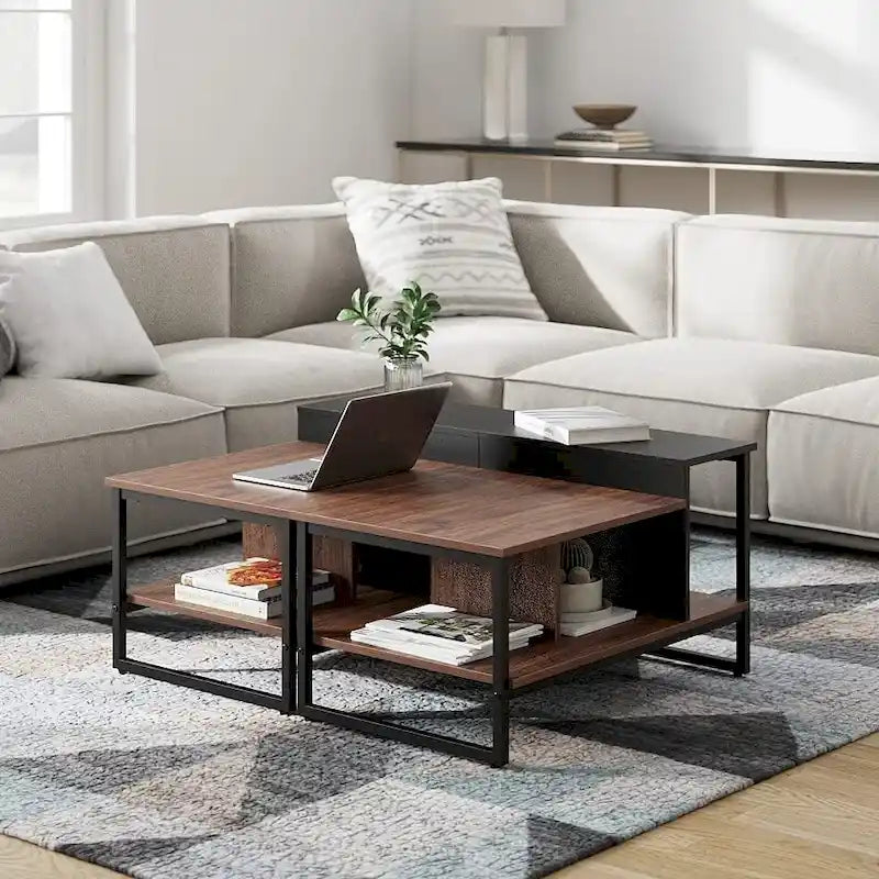 Farmhouse Glass Coffee Table with Storage, Metal Wood