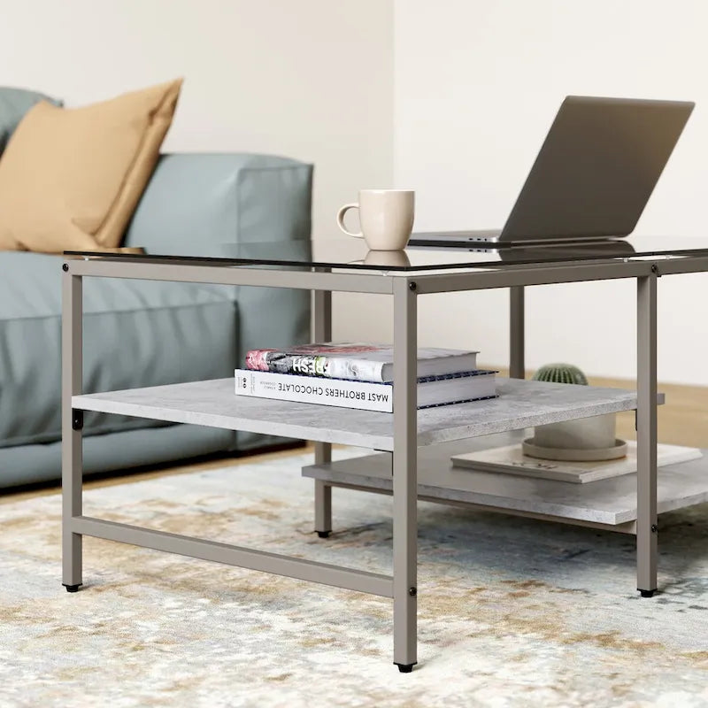 Farmhouse Glass Coffee Table with Storage, Metal Wood