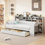 Wooden Multi-functional Daybed with Storage Shelves, 2 Storage Drawers and Study Desk