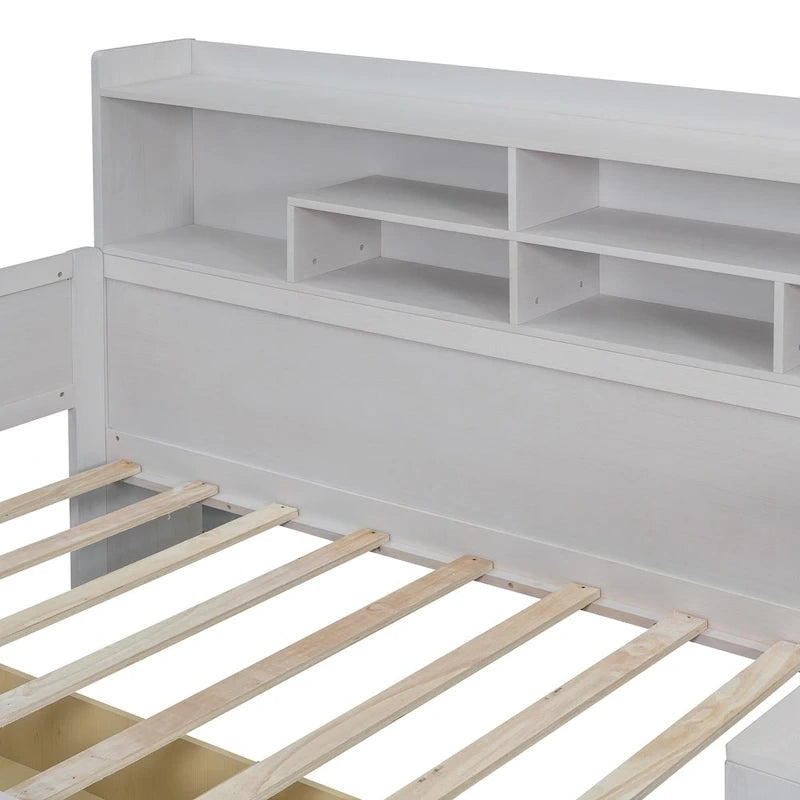 Wooden Multi-functional Daybed with Storage Shelves, 2 Storage Drawers and Study Desk