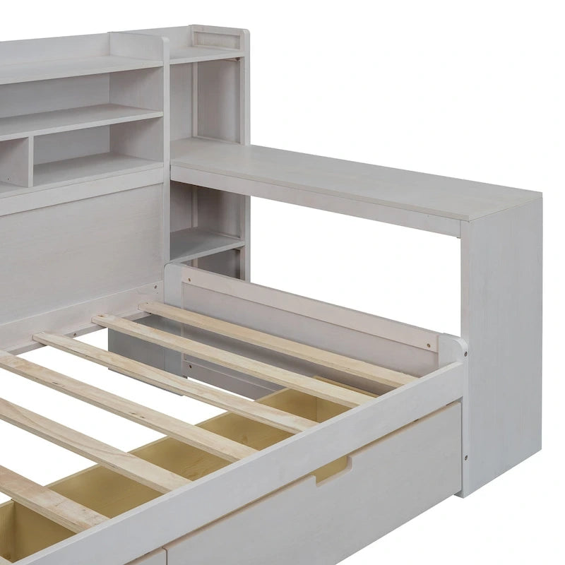 Wooden Multi-functional Daybed with Storage Shelves, 2 Storage Drawers and Study Desk