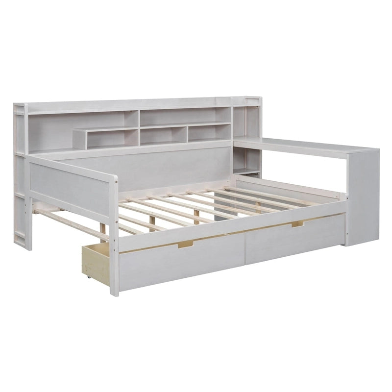 Wooden Multi-functional Daybed with Storage Shelves, 2 Storage Drawers and Study Desk