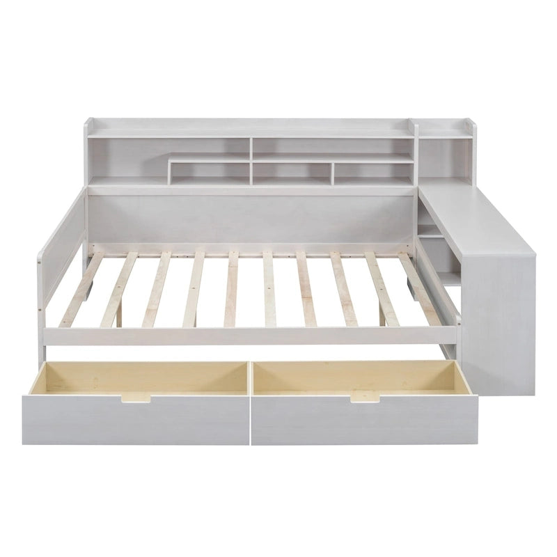 Wooden Multi-functional Daybed with Storage Shelves, 2 Storage Drawers and Study Desk