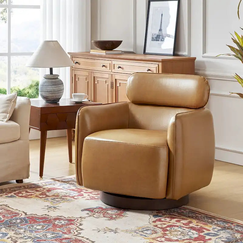 Raphael Modern Swivel Genuine Leather Barrel Chair
