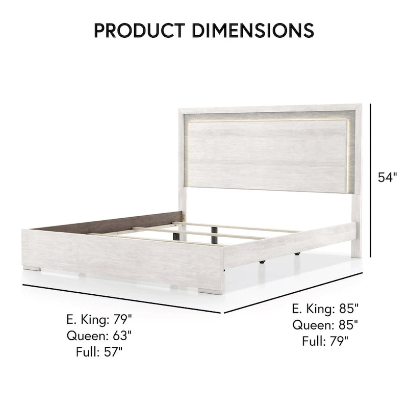 Contemporary Washed White Panel Bed with LED Lighting