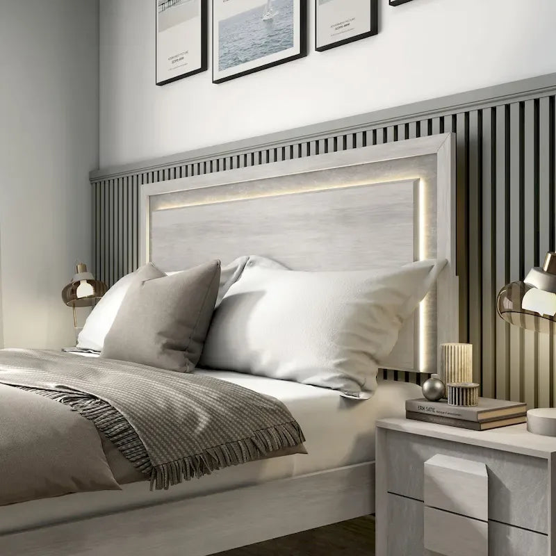 Contemporary Washed White Panel Bed with LED Lighting