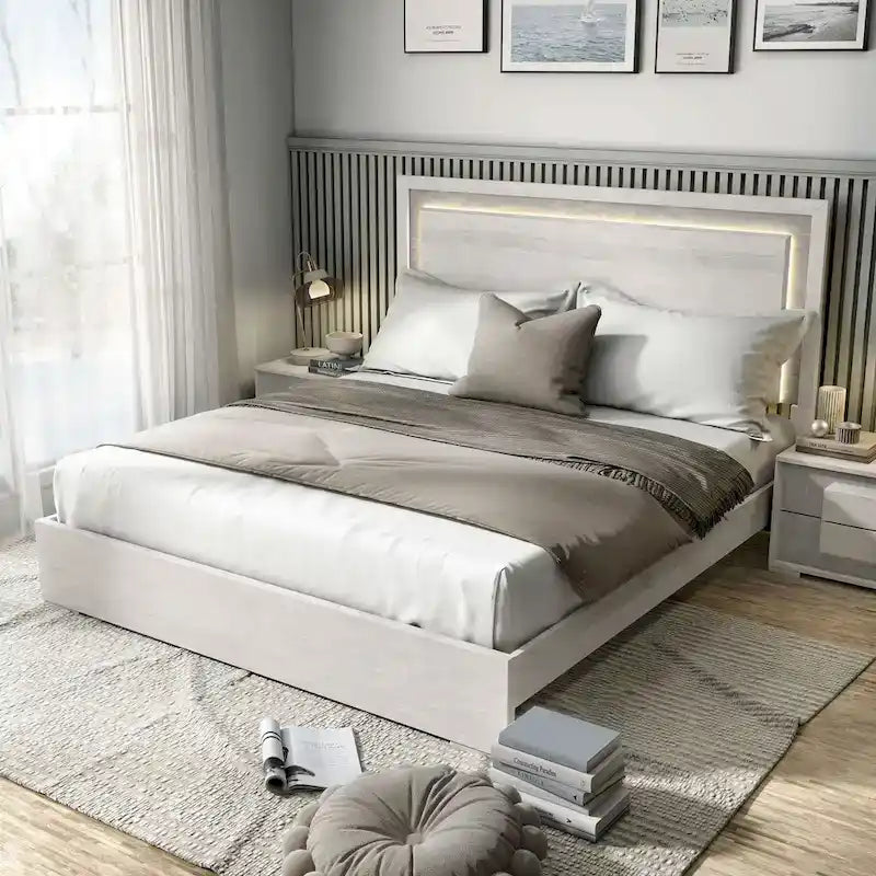 Contemporary Washed White Panel Bed with LED Lighting