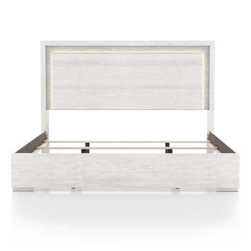 Contemporary Washed White Panel Bed with LED Lighting