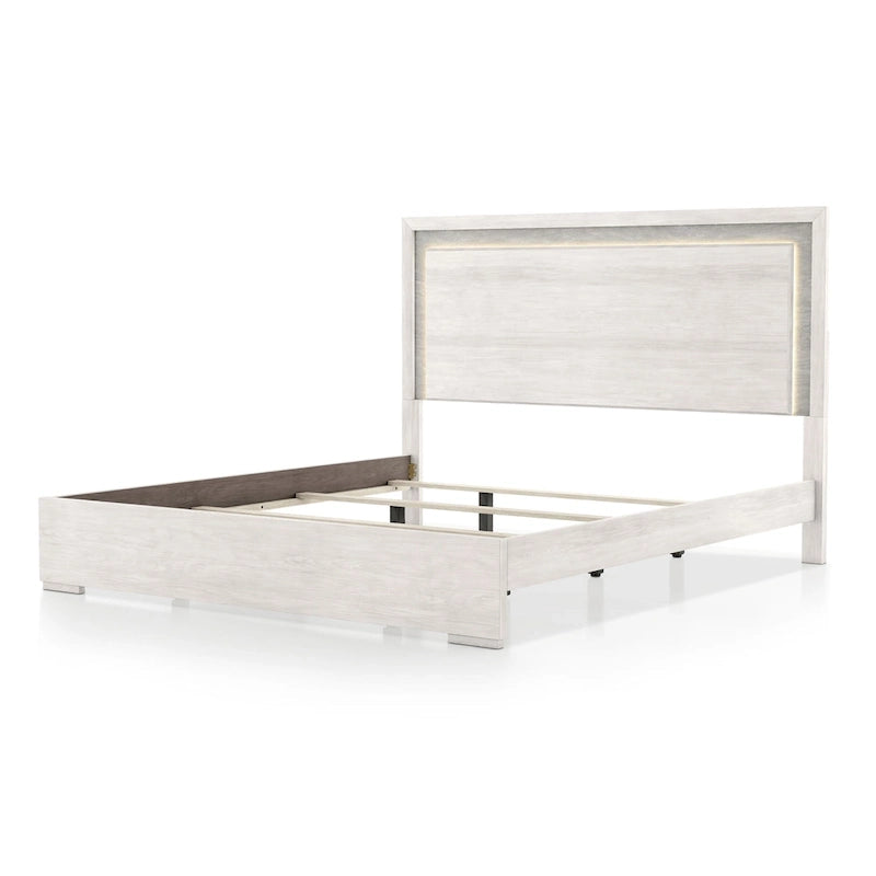 Contemporary Washed White Panel Bed with LED Lighting