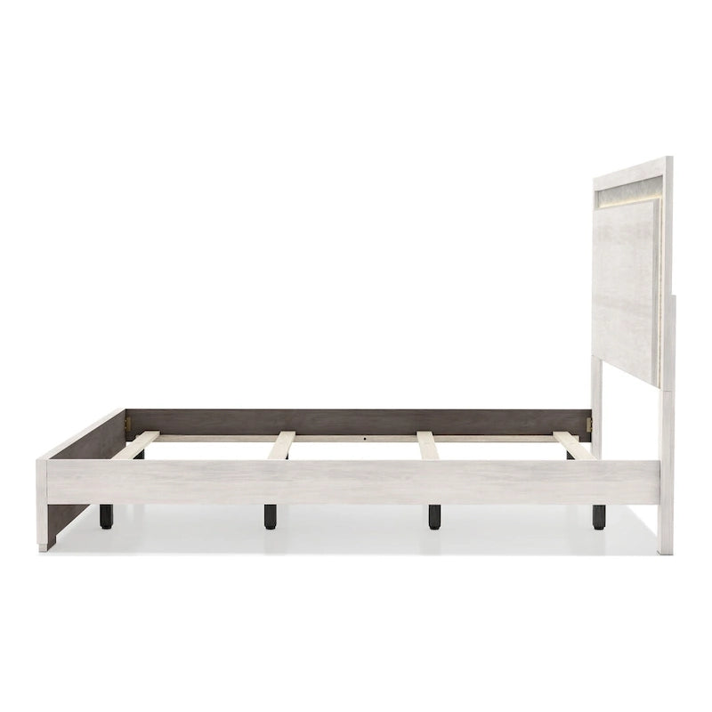 Contemporary Washed White Panel Bed with LED Lighting